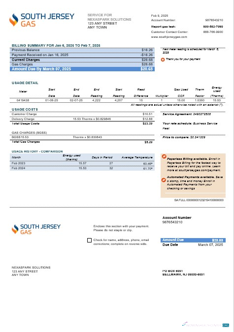 USA New Jersey South Jersey Gas business utility bill template in Word and PDF formats